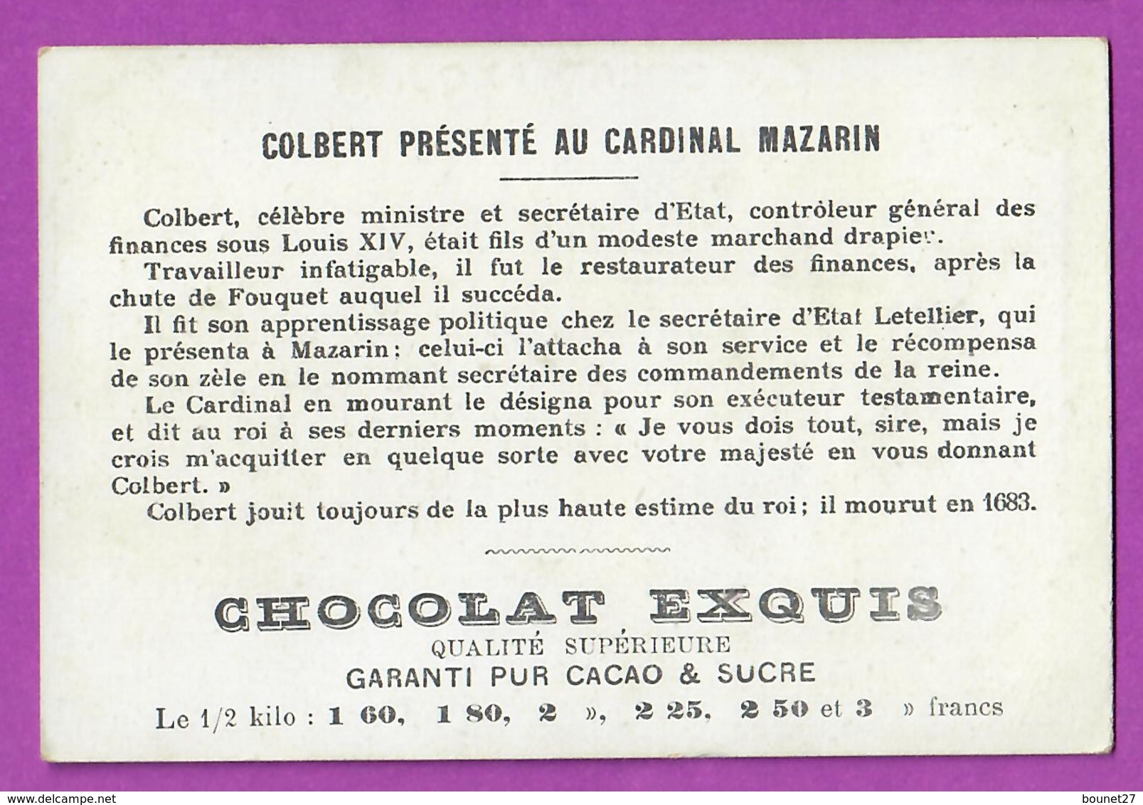 Chromo Image CHOCOLAT EXQUIS -  Grand Evénements - Colbert Présenté Au Cardinal Mazarin (encadré Doré) - Other & Unclassified