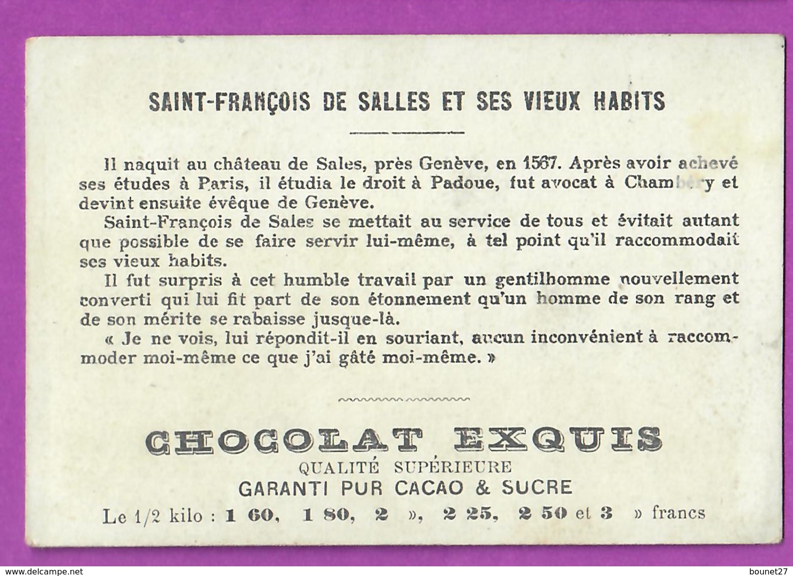 Chromo Image CHOCOLAT EXQUIS -  Grand Evénements - Saint François De Salles Et Ses Vieux Habits (encadré Doré) - Other & Unclassified