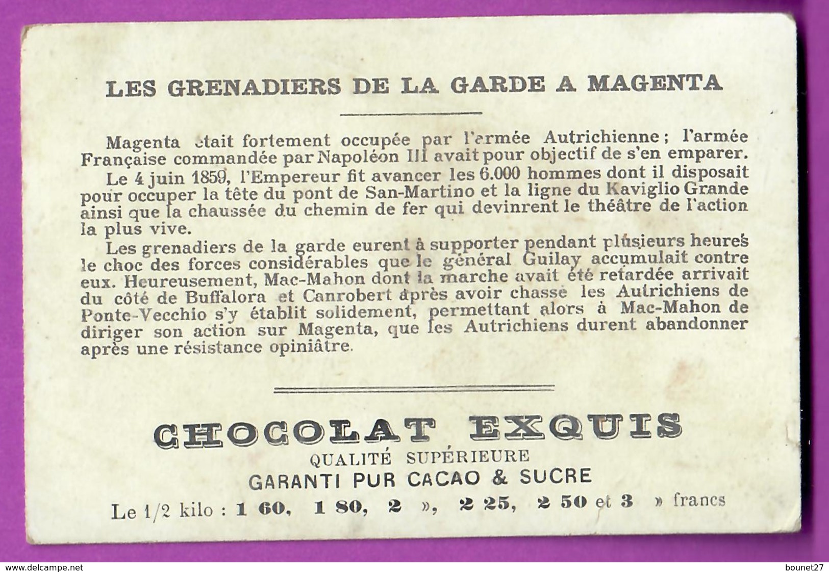 Chromo Image CHOCOLAT EXQUIS -  Grand Evénements - Les Grenadiers De La Garde à Magenta  (encadré Doré) - Other & Unclassified