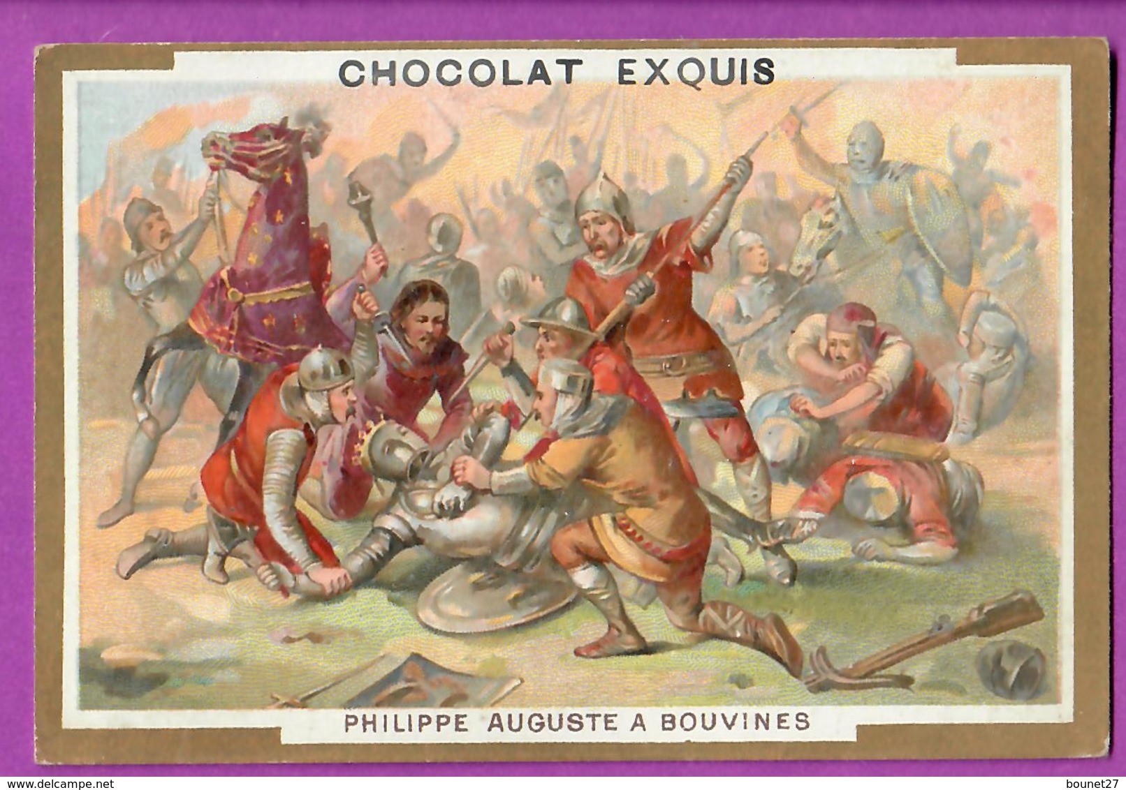 Chromo Image CHOCOLAT EXQUIS -  Grand Evénements - Philippe Auguste à Bouvines (encadré Doré) - Other & Unclassified