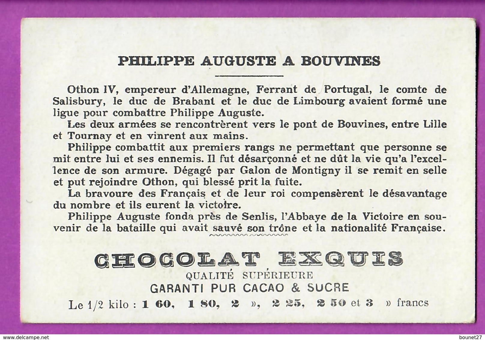 Chromo Image CHOCOLAT EXQUIS -  Grand Evénements - Philippe Auguste à Bouvines (encadré Doré) - Other & Unclassified