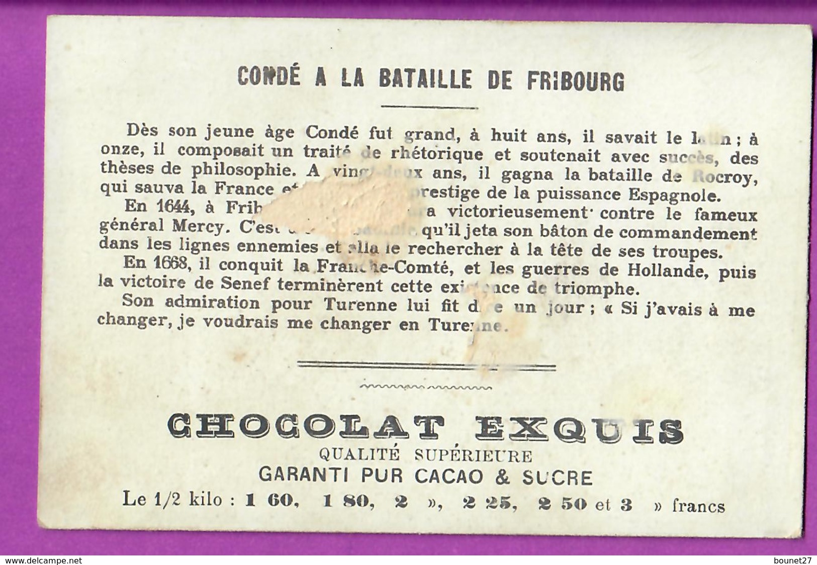 Chromo Image CHOCOLAT EXQUIS -  Grand Evénements - Le Grand Condé à  La Bataille De Fribourg  (encadré Doré) - Other & Unclassified