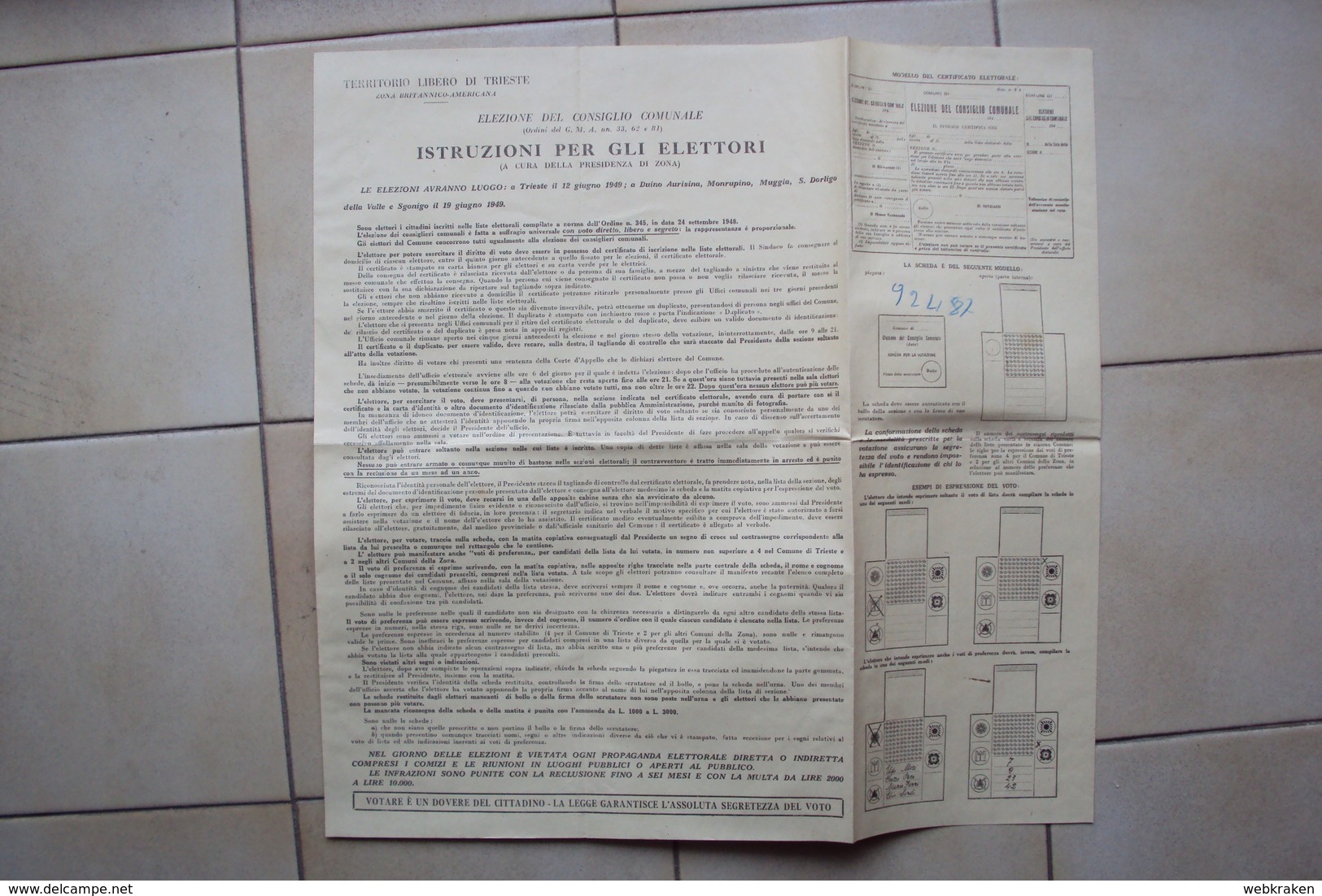 VOLANTINO PERIODO OCCUPAZIONE ANGLO AMERICANA TLT ZONA A FTT ELEZIONI DI TRIESTE 1949 TERRITORIO LIBERO - Collections