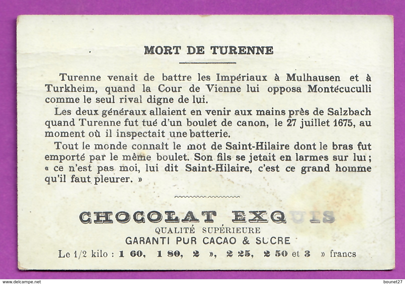 Chromo Image CHOCOLAT EXQUIS -  Grand Evénements - Mort De Turenne (encadré Doré) - Other & Unclassified