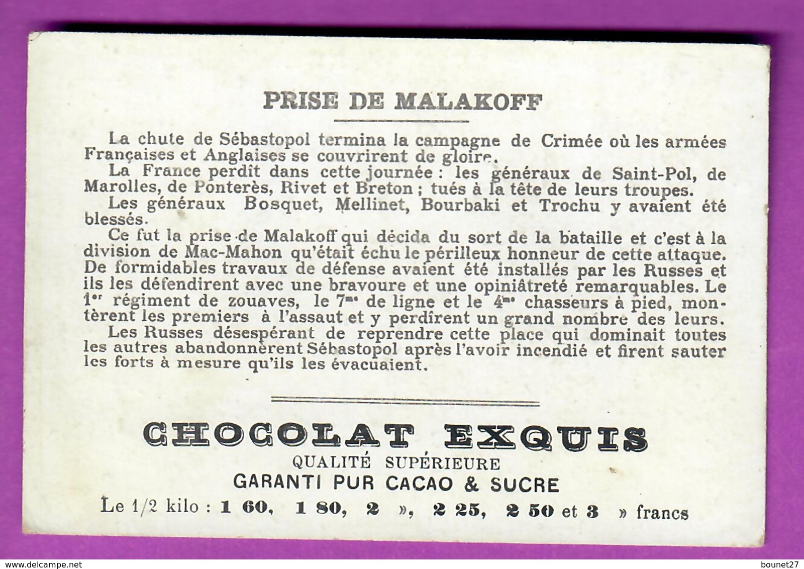 Chromo Image CHOCOLAT EXQUIS -  Grand Evénements - Prise De Malakoff  (encadré Doré) - Other & Unclassified