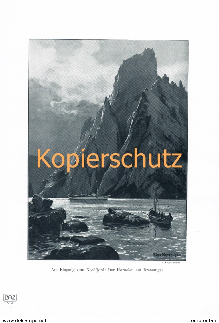 D101 443-2 Zeno-Diemer: Nordfjord Schiffe Boote Berge Druck Kunstblatt 1905 !! - Sonstige & Ohne Zuordnung