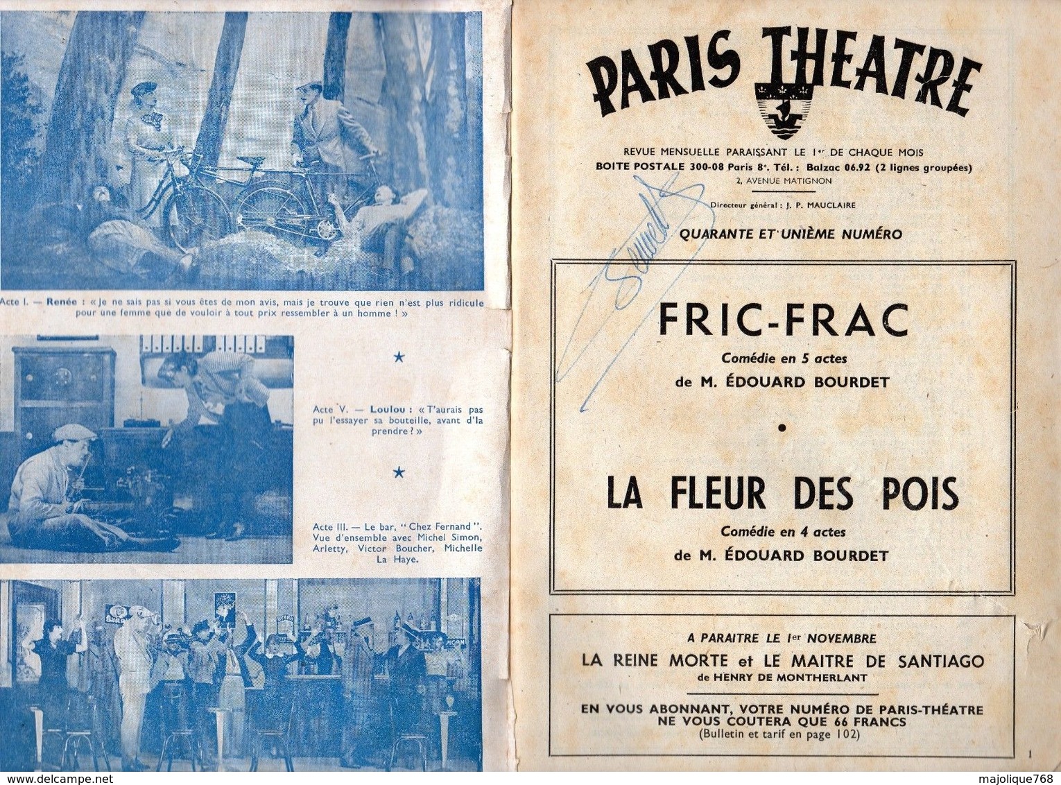 Paris-théâtre Michodière-fric-frac Avec Victor Boucher-arletty-Michel Simon - French Authors