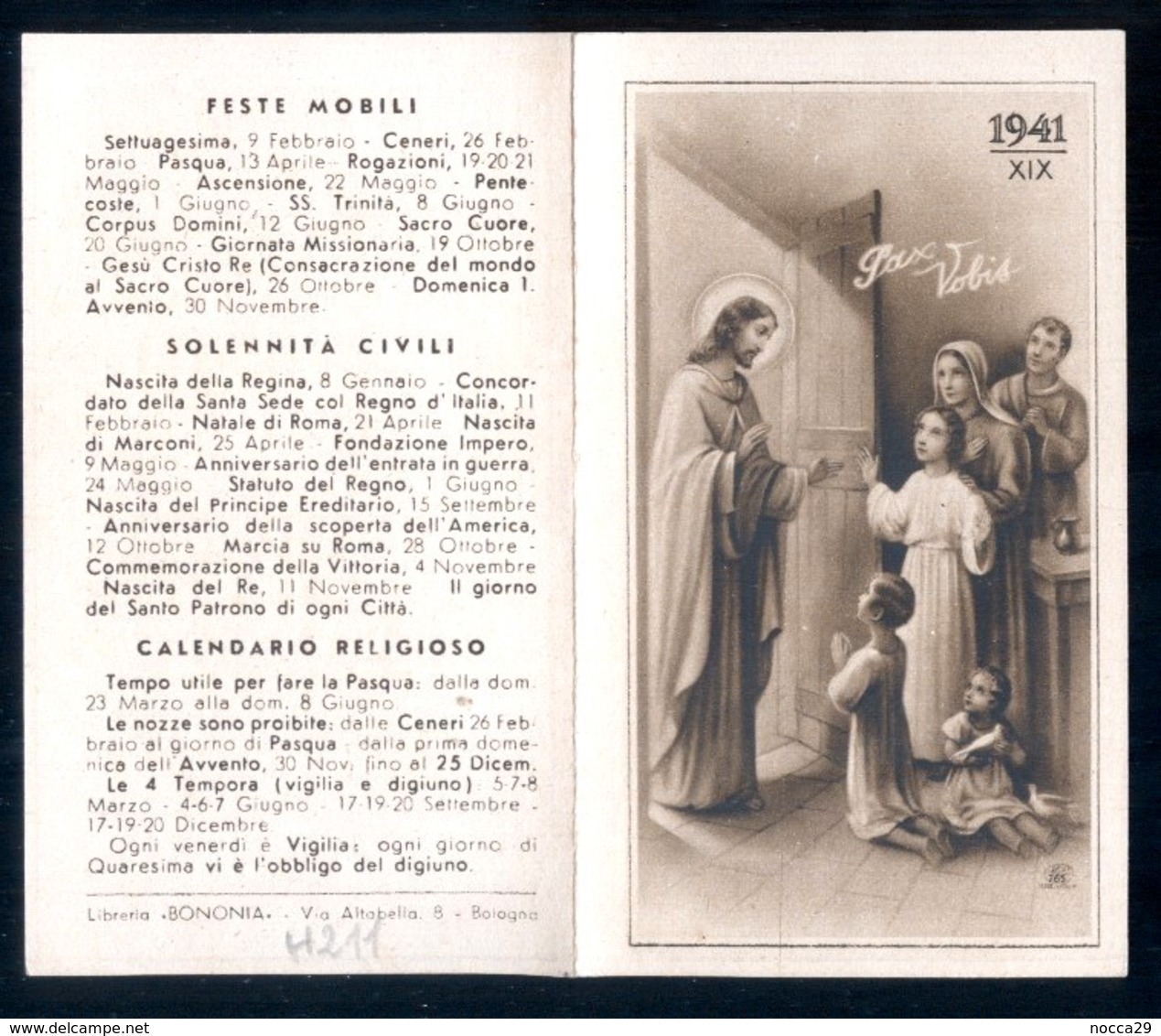 CALENDARIETTO  SANTINO ORIGINALE DEL 1941 - LIBRERIA BONONIA A BOLOGNA - HOLY CARD ( H228 ) - Santini