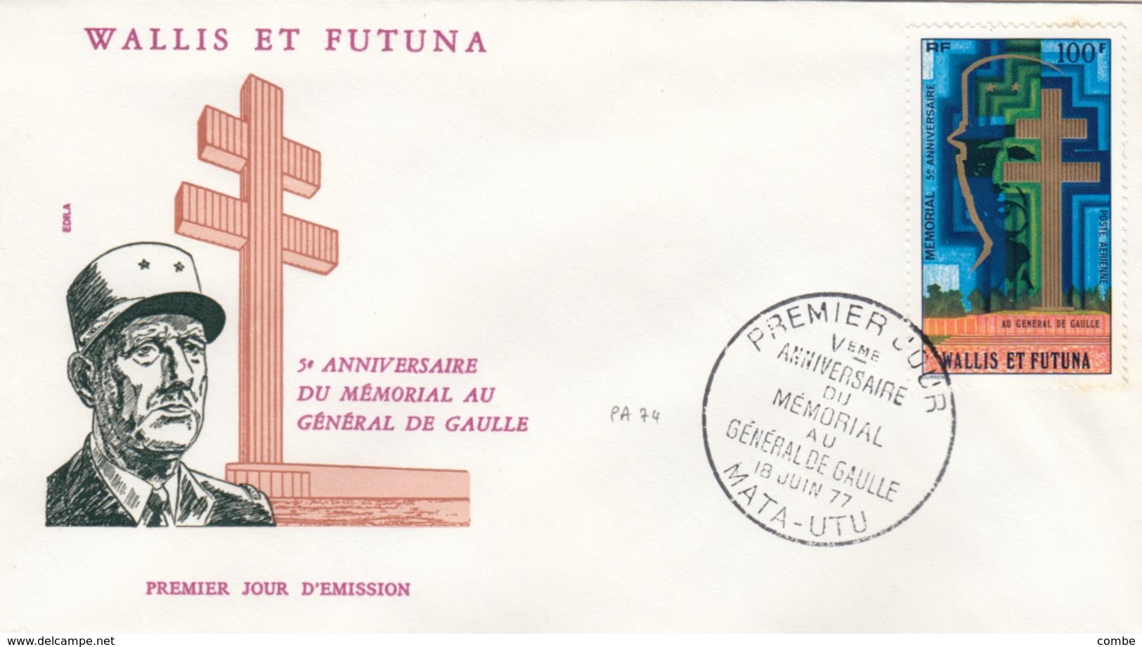 WALLIS. FDC. 1977. 100F. N° PA 74 DE GAULLE - FDC