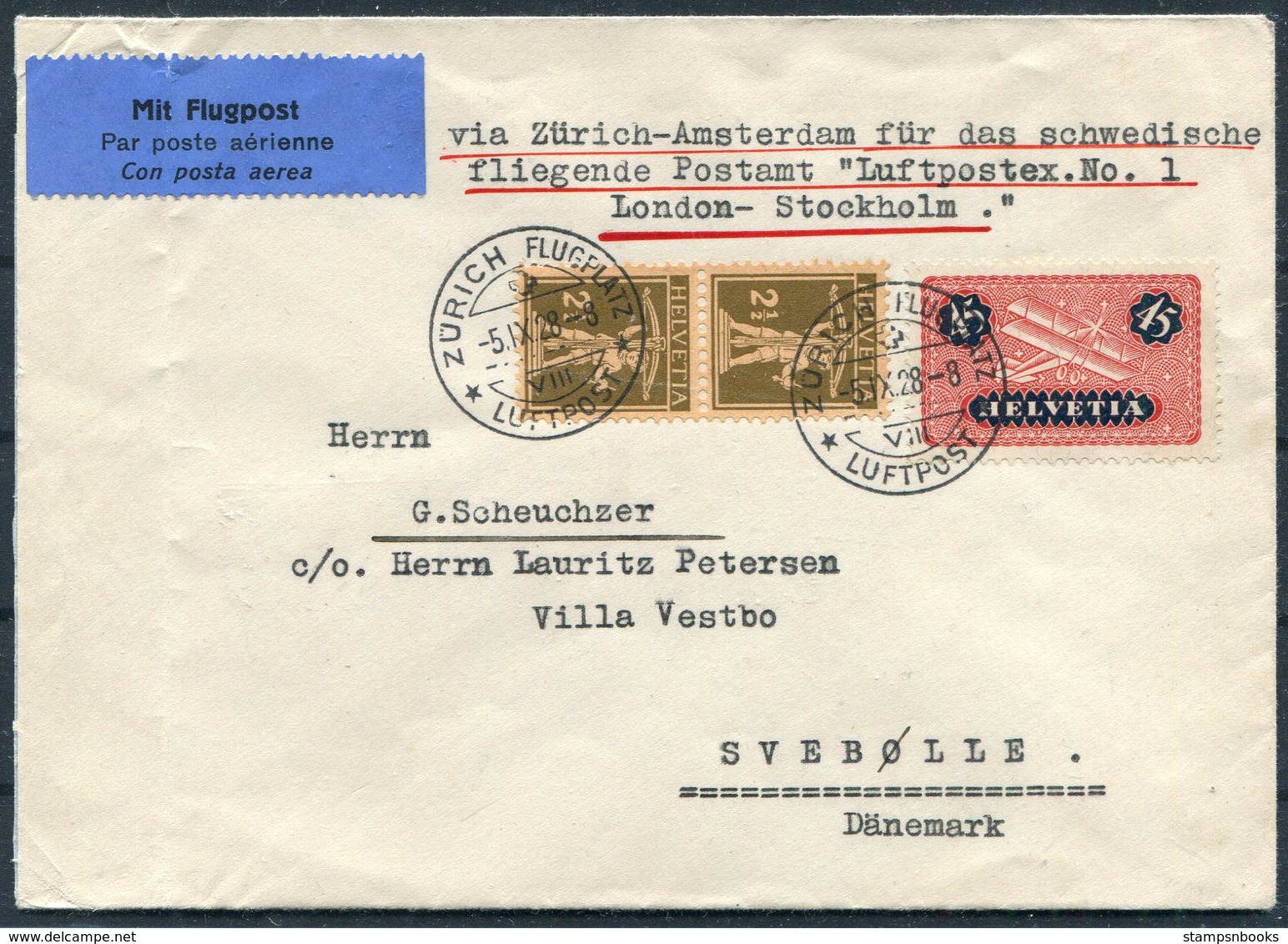 1928 Switzerland Zurich - Amsterdam Flight, LUFTPOSTEX No 1 London Stockholm AIRMAIL Cover - Denmark - First Flight Covers