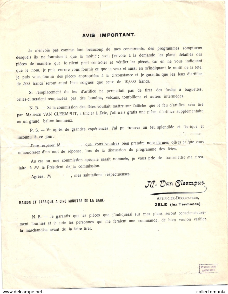 1 Faktuur  Zele Dendermonde Manufacture De Pyrotechnic Maison Maurice Van Cleemput Artificier- Feux Japonais  Vuurwerk - 1800 – 1899