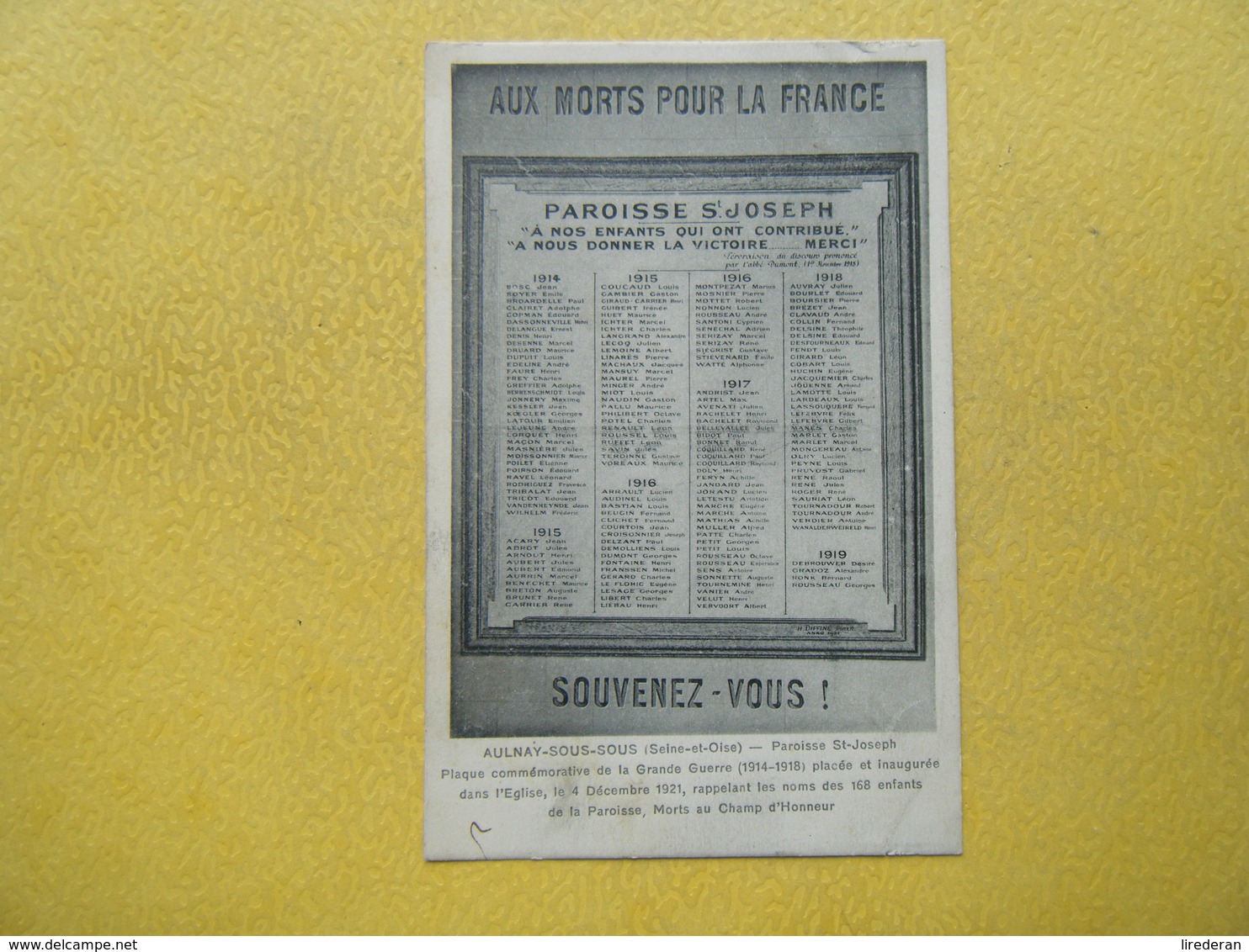 AULNAY SOUS BOIS. La Paroisse Saint Joseph. La Plaque Commémorative De La Grande Guerre 1914-1918. - Aulnay Sous Bois