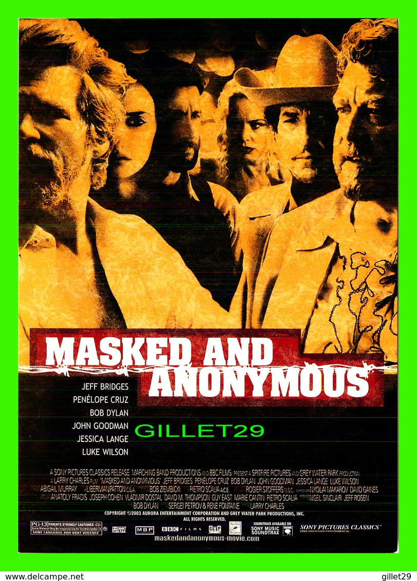 AFFICHES DE FILM -  " MASKED AND ANONYMOUS " IN 2003 WITH  JEFF BRIDGES, PENÉLOPE CRUZ, BOB DYLAN, JOHN GOODMAN - - Affiches Sur Carte