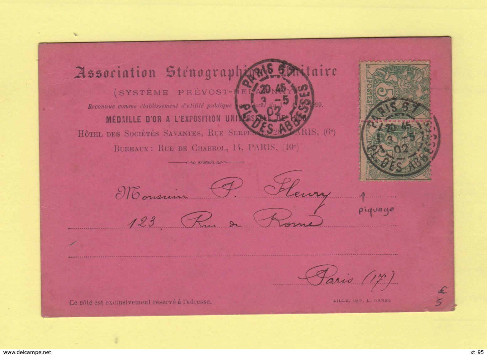 Type Blanc (piquage Décalé) - Carte Privee Association Stenographie Unitaire - 1902 - Paris Pl Des Abbesses - 1877-1920: Periodo Semi Moderno