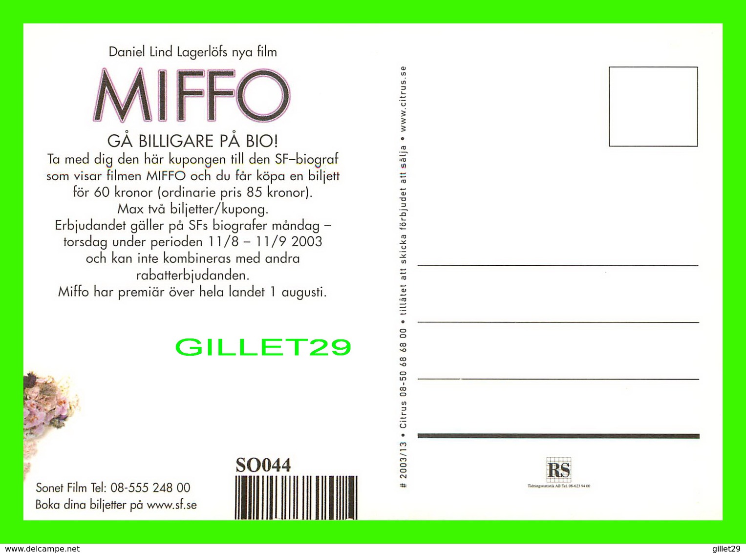 AFFICHES DE FILM -  " MIFFO " FILM DE DANIEL LIND IN 2003 - AVEC LIVIA MILLHAGEN & JONAS KARLSSON - - Affiches Sur Carte