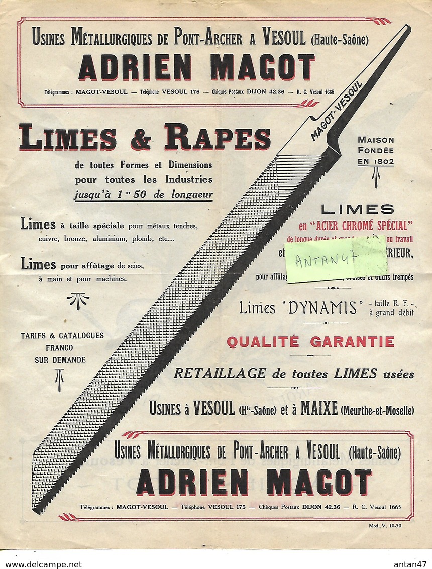 Publicité /70 VESOUL / 54 MAIXE / A. MAGOT / Usine De PONT-ARCHER / Limes & Râpes Marque "LA COLOMBE" - 1950 - ...