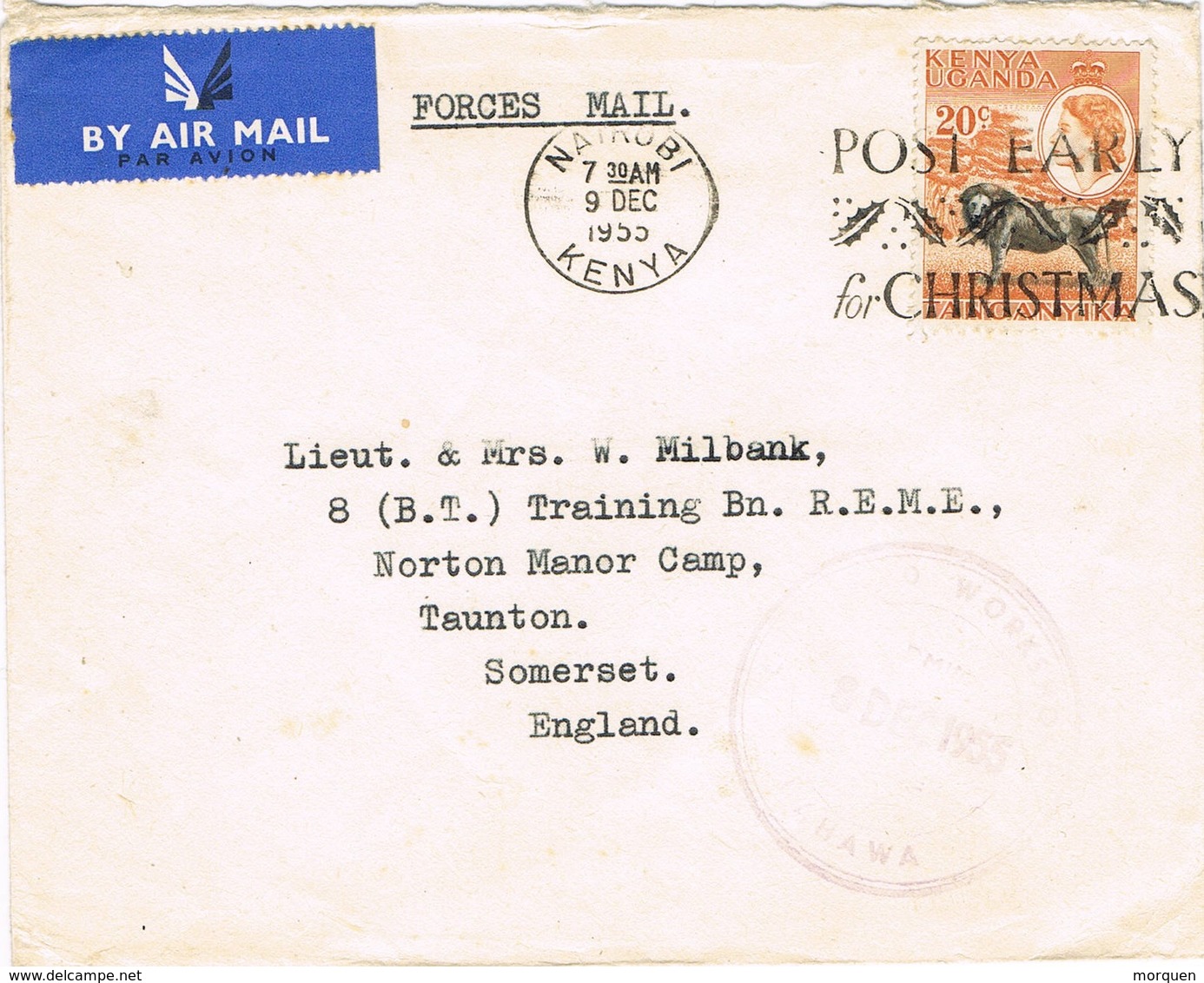 32697. Carta Aerea KAHAWA (Nairobi) Keya 1955. Forces Mail Command WKSP, Militar Workshops - Kenya, Uganda & Tanganyika