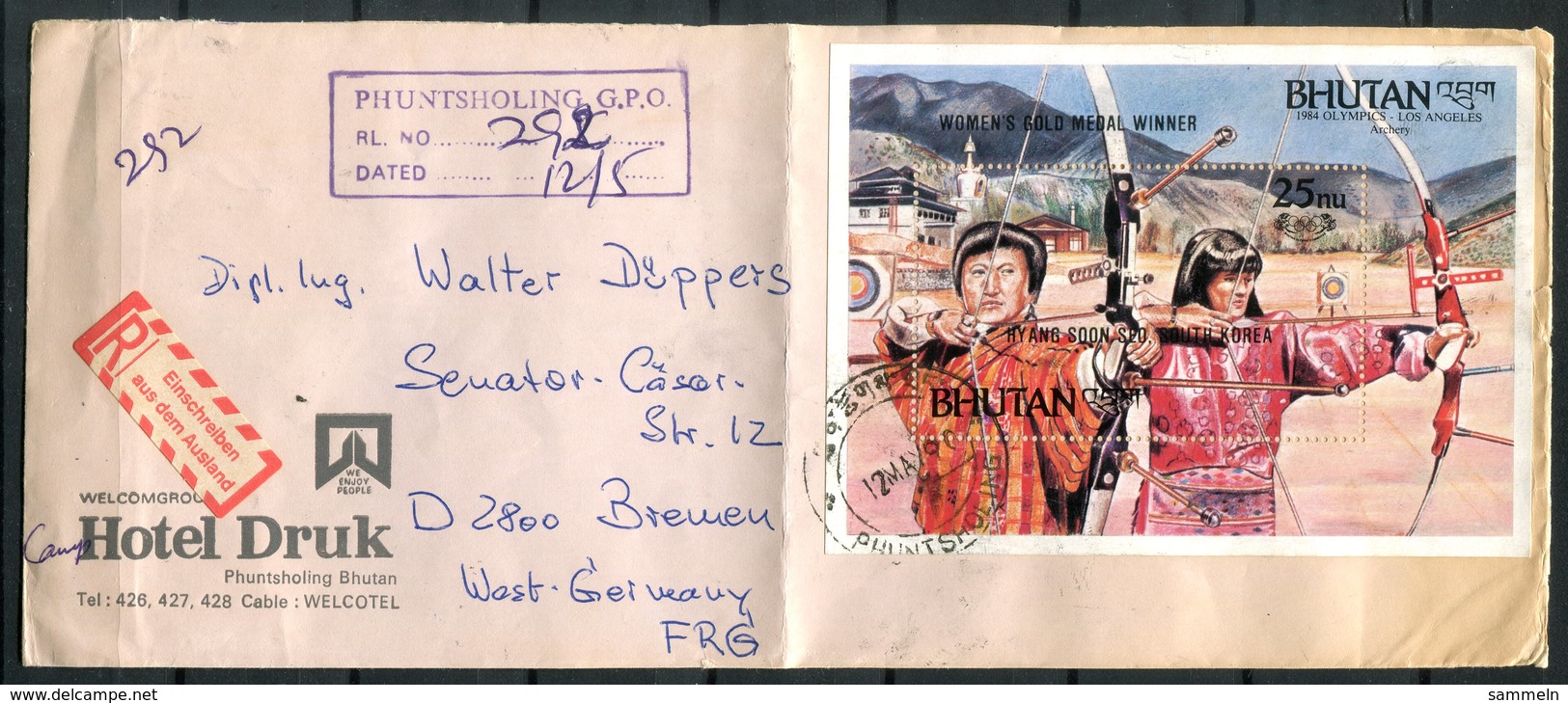 A099 - BHUTAN - R-Brief Mit Olympia-Block (Bogenschießen, Archery) Von Puntsholing Nach Bremen - Bhutan