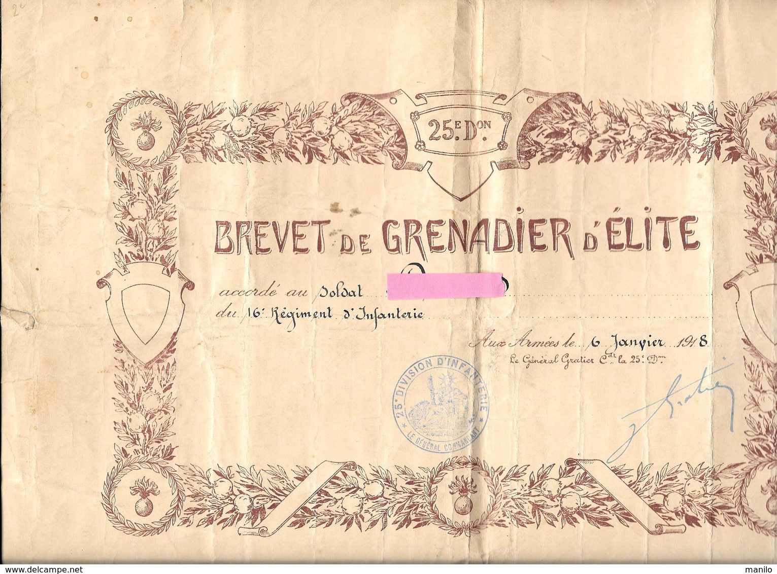 BREVET De GRENADIER D'ELITE Du 16e R.I.  -   25e Division - Daté 6 Janvier 1918  Général GRATIER WW1 -POILU Guerre 14/18 - 1914-18