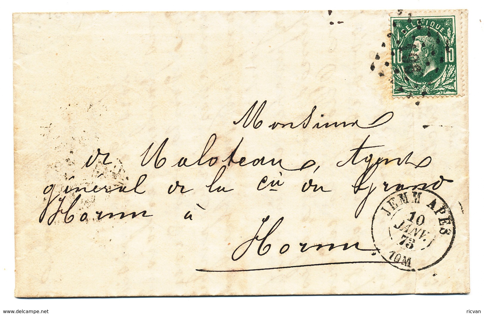 1873 BRIEF MET COB 30 V. JEMM APES N.HORNU(aankomst:St GHISLAIN) Zie Scan(s) - 1869-1883 Leopold II.