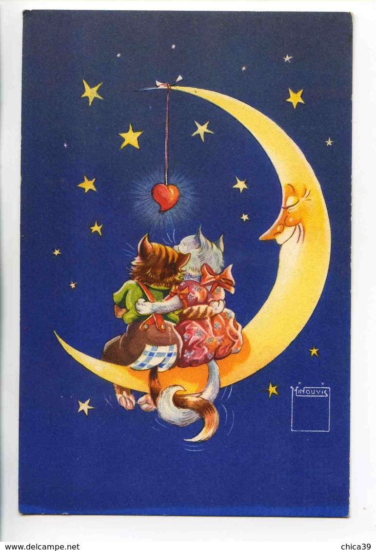 C 341  -  Chats Humanisés - Couple D'amoureux Sur La Lune Souriante,par L'illustrateur Minouvis - Andere & Zonder Classificatie