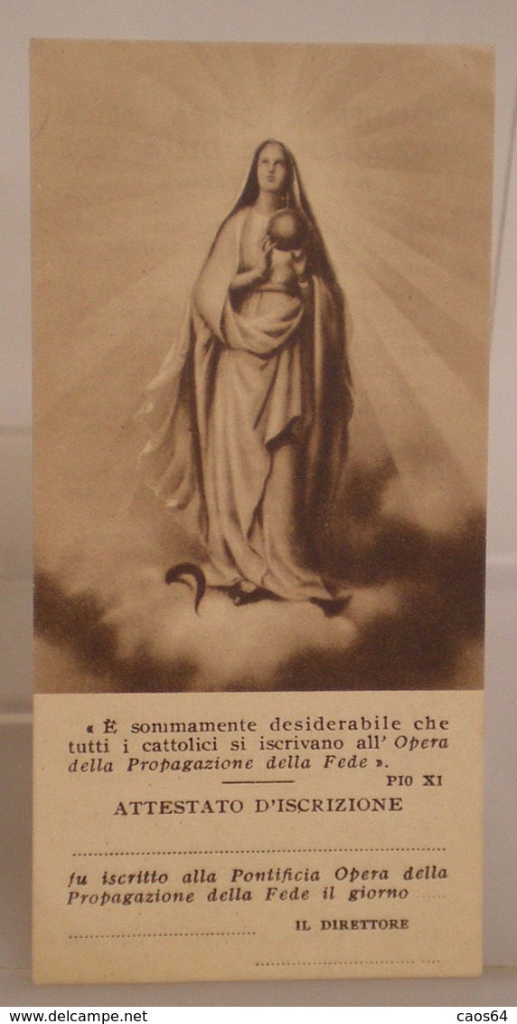 Anno 1936 REGINA MISSIONI Attestato D'Iscrizione Pontificia Opera Propagazione Fede  SANTINO - Santini