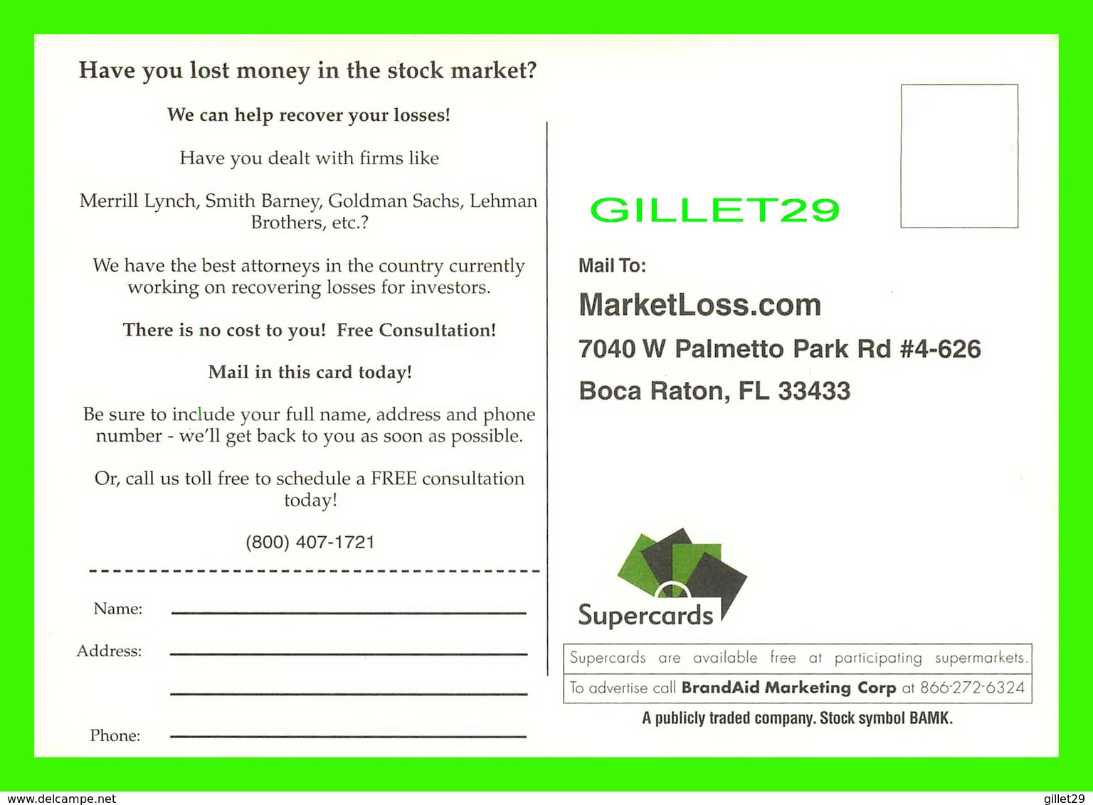 ADVERTISING, PUBLICITÉ - MARKETLOSS.COM - LOST MONEY IN THE STOCK MARKET ? - SUPERCARDS - - Publicité