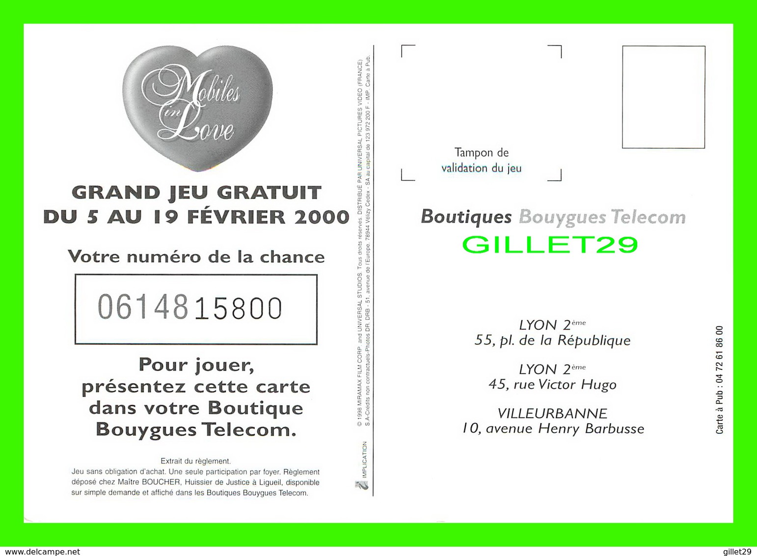 ADVERTISING, PUBLICITÉ - BOUTIQUES BOUYGUES TELECOM - MOBILES IN LOVE IN 2000 - NUMÉRO DE LA CHANCE - - Publicité