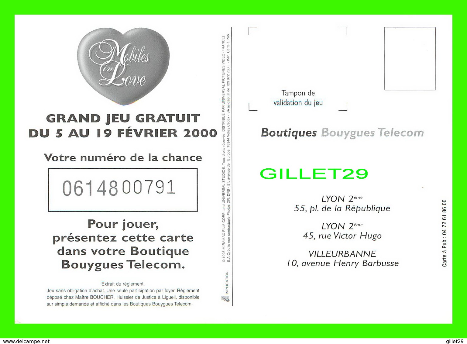 ADVERTISING, PUBLICITÉ - BOUTIQUES BOUYGUES TELECOM - MOBILES IN LOVE IN 2000 - NUMÉRO DE LA CHANCE - - Pubblicitari