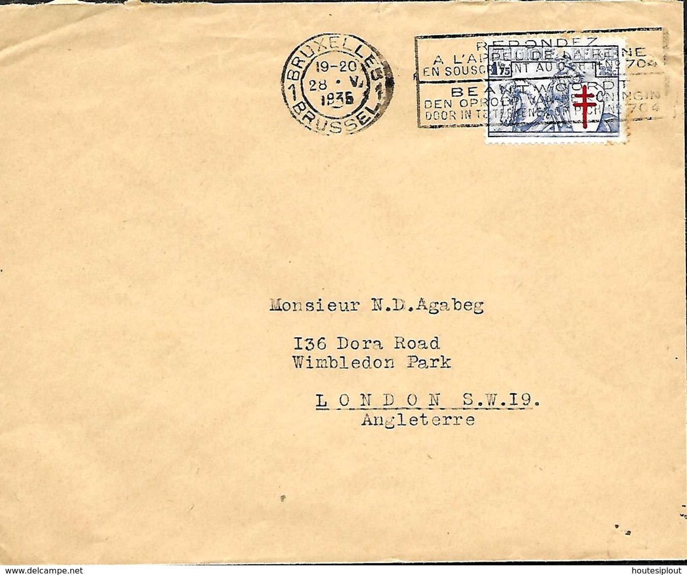 Belgique. TP 399  L. Bruxelles 1 > Londres  1935 - Lettres & Documents