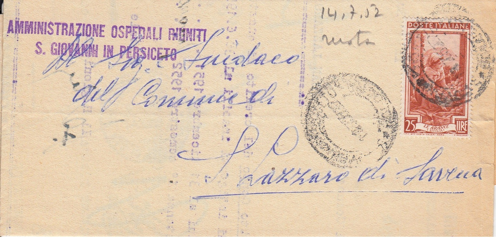 1950 lotto 10 buste viaggiate (A) Italia al Lavoro (L. 25), annulli del periodo