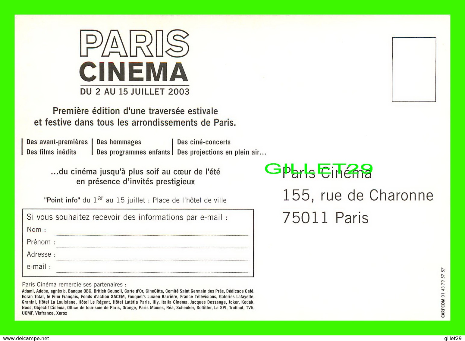 ADVERTISING, PUBLICITÉ - PARIS CINÉMA 2003 - MAIRIE DE PARIS - - Publicité