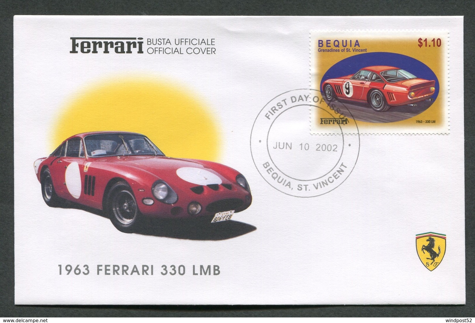 FDC FERRARI - BUSTA UFFICIALE - 1963 FERRARI 330 LMB - BEQUIA - 429 - Automobili