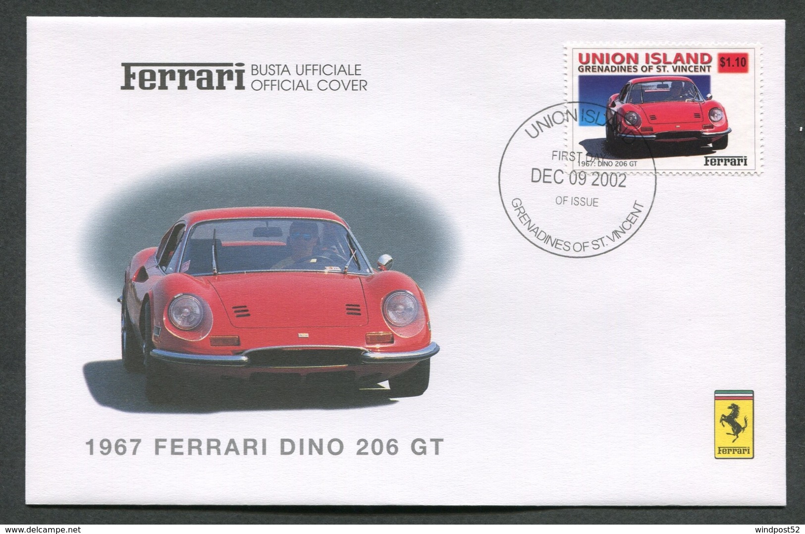 FDC FERRARI - BUSTA UFFICIALE - 1967 FERRARI DINO 206 GT - UNION ISLAND - 431 - Automobili