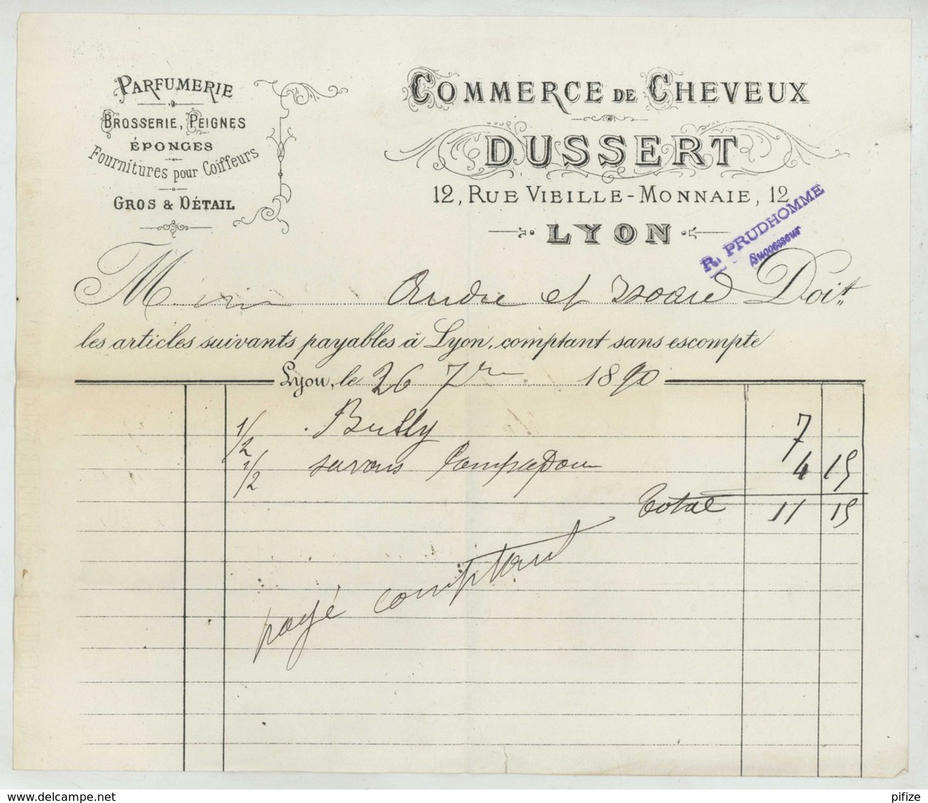 Factures Commerce De Cheveux Dussert 12 Rue Vieille-Monnaie à Lyon . Parfumerie Brosserie Peignes . Coiffure . 1890 . - 1800 – 1899