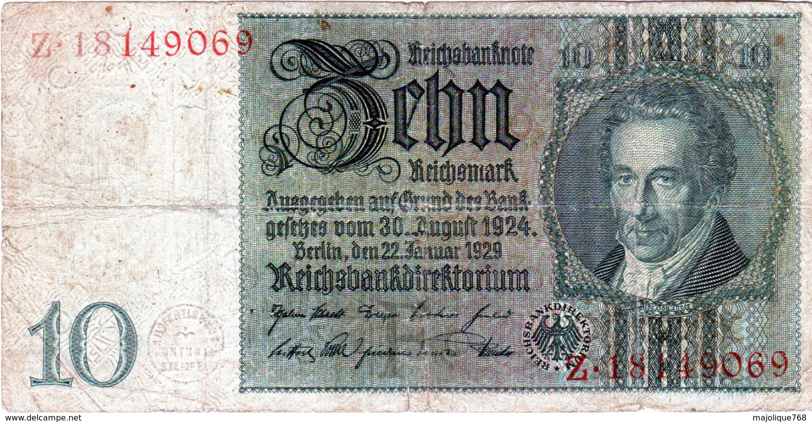 Billet Allemand De 10 Reichsmark Le 22 Janvier 1929 - 8 Chiffres En T B - - 10 Mark