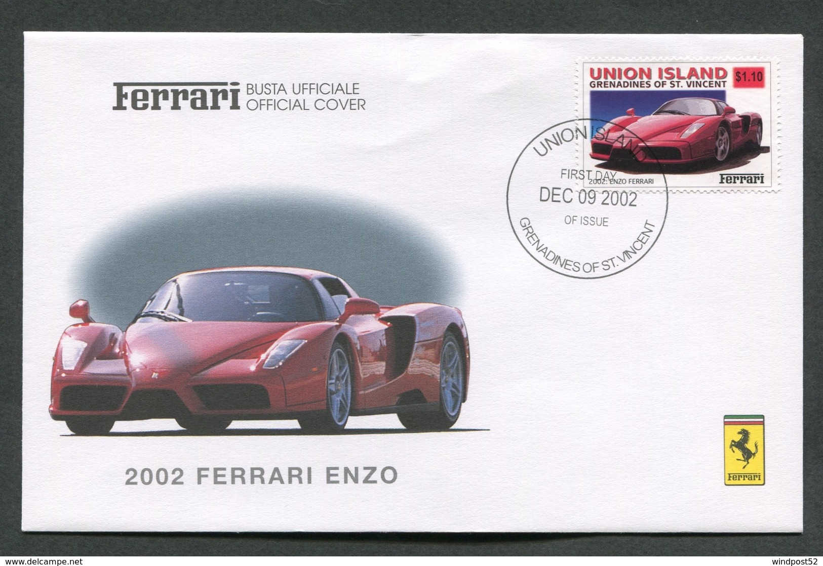 FDC FERRARI - BUSTA UFFICIALE - 2002 FERRARI ENZO - UNION ISLAND - 440 - Automobili