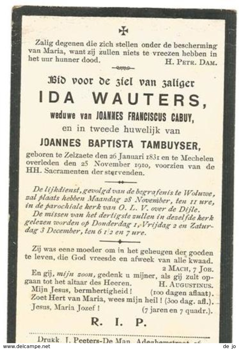 WAUTERS Ida °1831  Zelzaete +1910 Mechelen Echt Cabuy Tambuyser Doodsprentje Image Mortuaire Immaginetta Funeral Card - Religion & Esotérisme