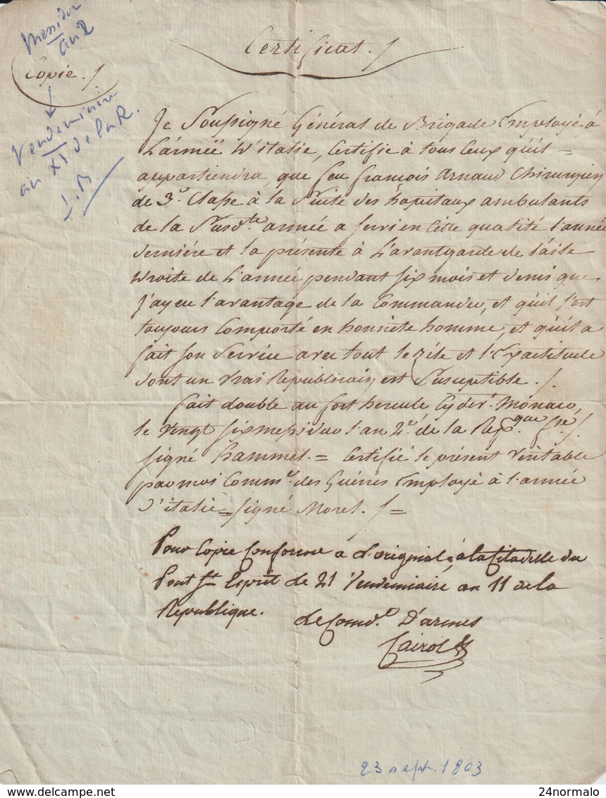 Révolution : Armée D'Italie , Fort Hercule (Monaco) An 4, Certificat - Historical Documents