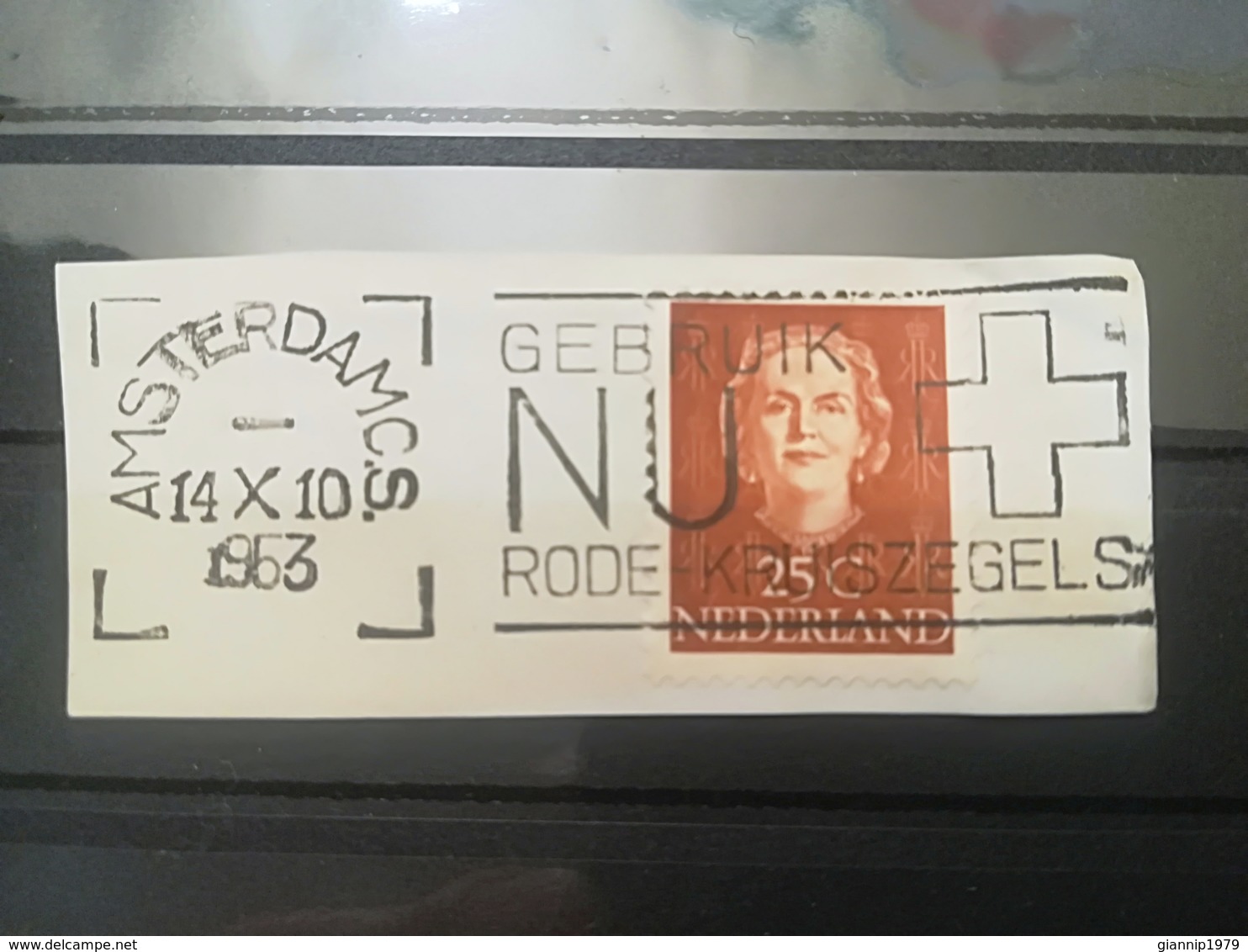 FRANCOBOLLI STAMPS OLANDA NEDERLAND 1949 USED SU FRAMMENTO REGINA GIULIANA ANNULLO AMSTERDAM ETICHETTA GEBRUIK FRAGMENT - Usati