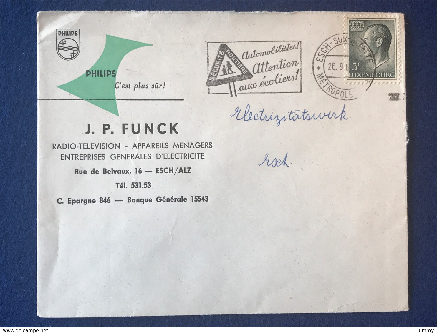 Luxembourg - Enveloppe Electricité J. P. Funck  - Philips - Esch-sur-Alzette - Briefe U. Dokumente