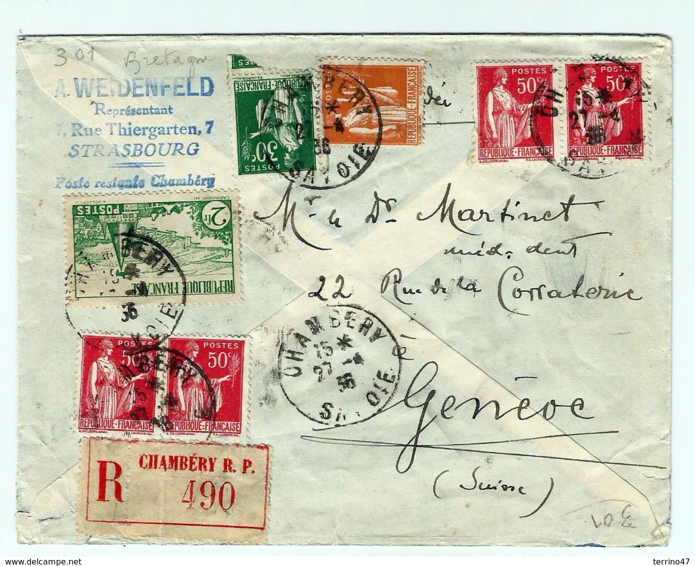 CHAMBERY -obl: 27.04.1936 - Sur 301 Et Type Paix - Yvert - Avec Recommandé Chambéry - Storia Postale