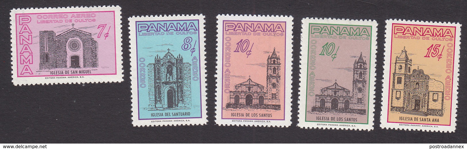 Panama, Scott #C257-C259, C259A, C260, Mint Hinged, Buildings, Issued 1962 - Panama