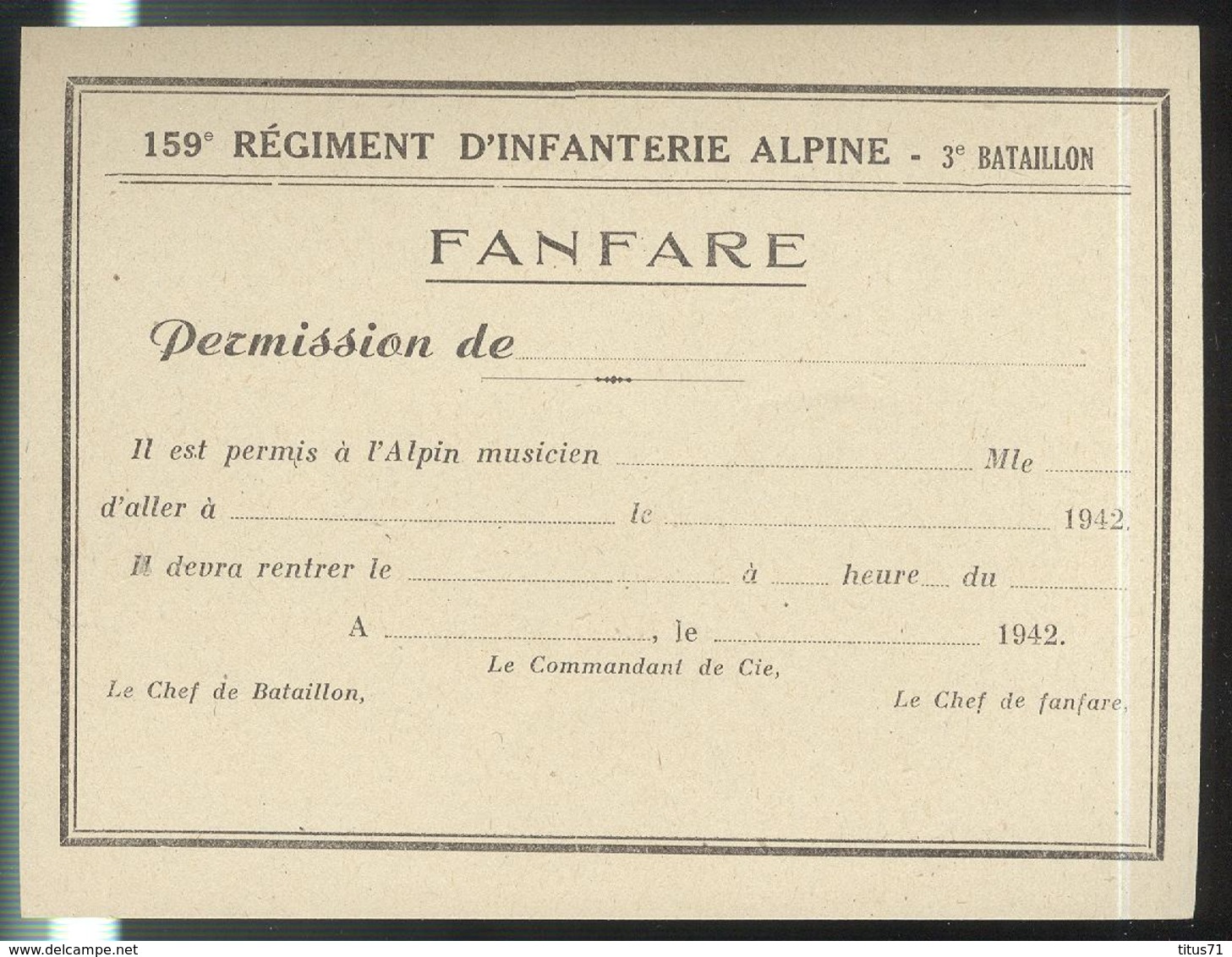 Bon De Permission - Fanfare Du 159ème RIA Régiment D'Infanterie Alpine - 3ème Bataillon - 1942 - Documents