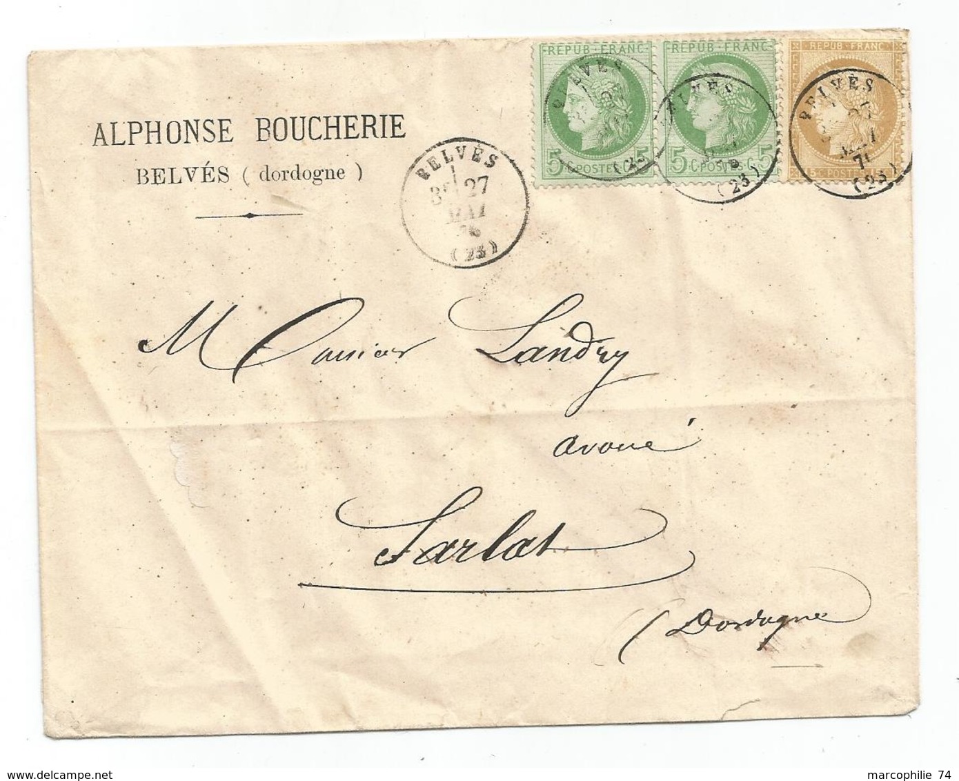 CERES 5CX2+15C LETTRE TYPE 16 BELVES 1876 DORDOGNE - 1849-1876: Classic Period