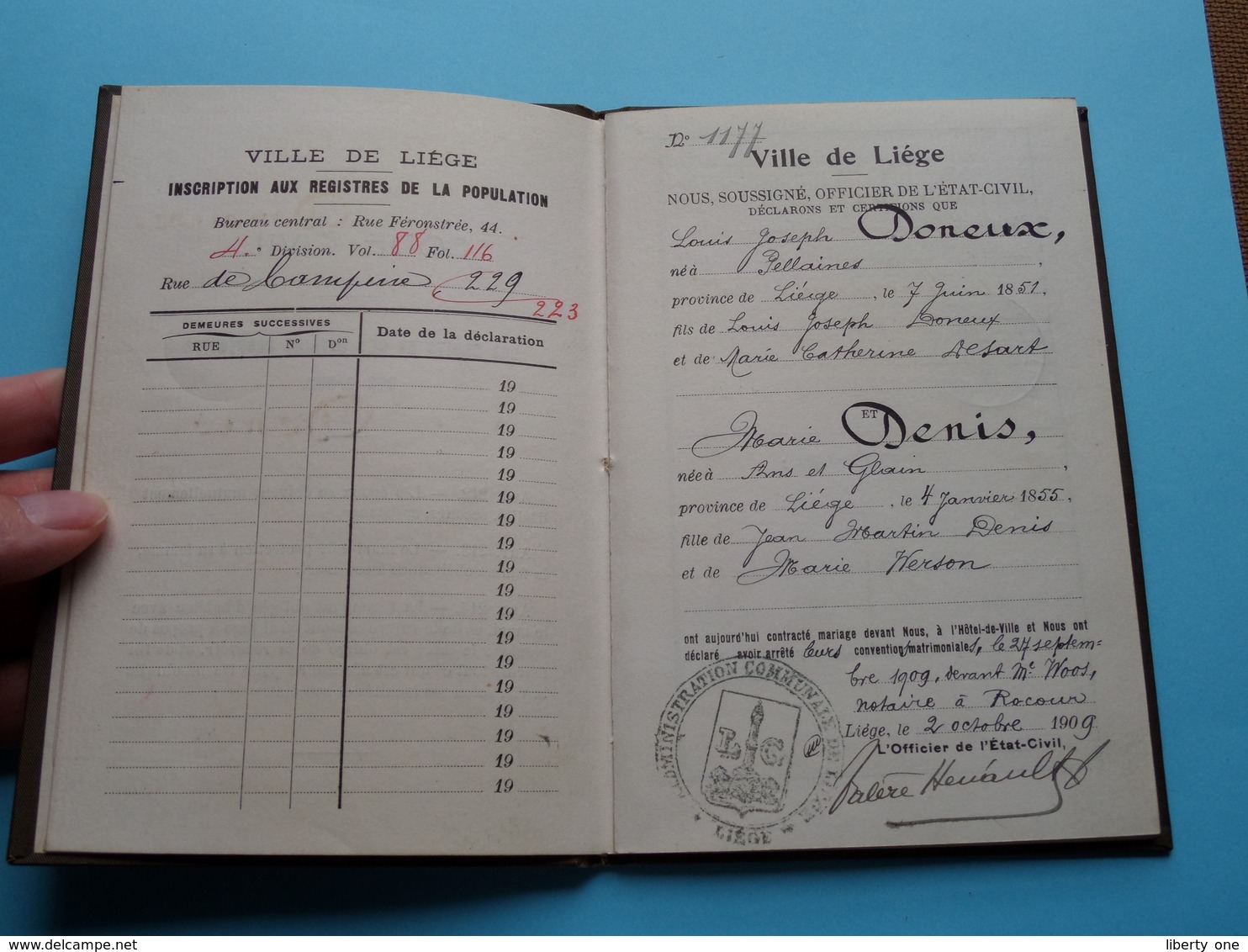 Carnet De MARIAGE Ville De Liège DONEUX Louis 1851 - DENIS Maria Ans-et-Glain 1855 > 2 Oct 1909 ( Details Zie Foto ) ! - Non Classés