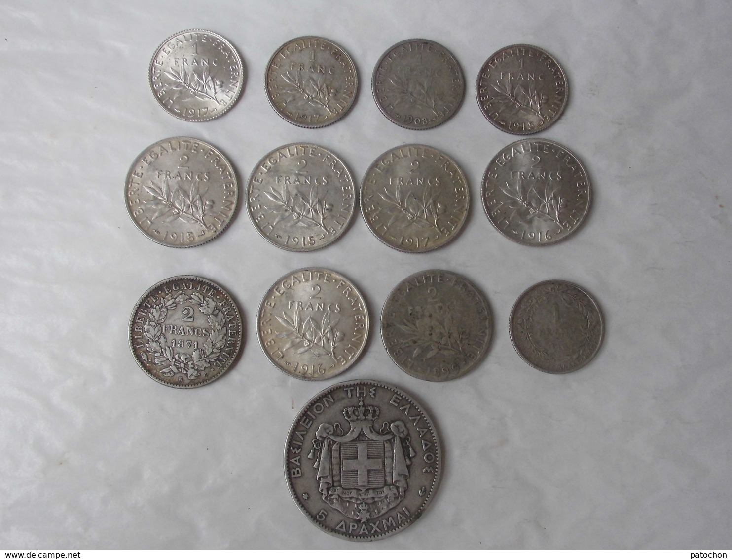 5 Apaxmai 1876 - 2 Francs Ceres 1871 Et Semeuse 1899 1915/16/17 - 1 Frank 1910 Et 1 Franc 1908/15/17 Non Nettoyées - Vrac - Monnaies