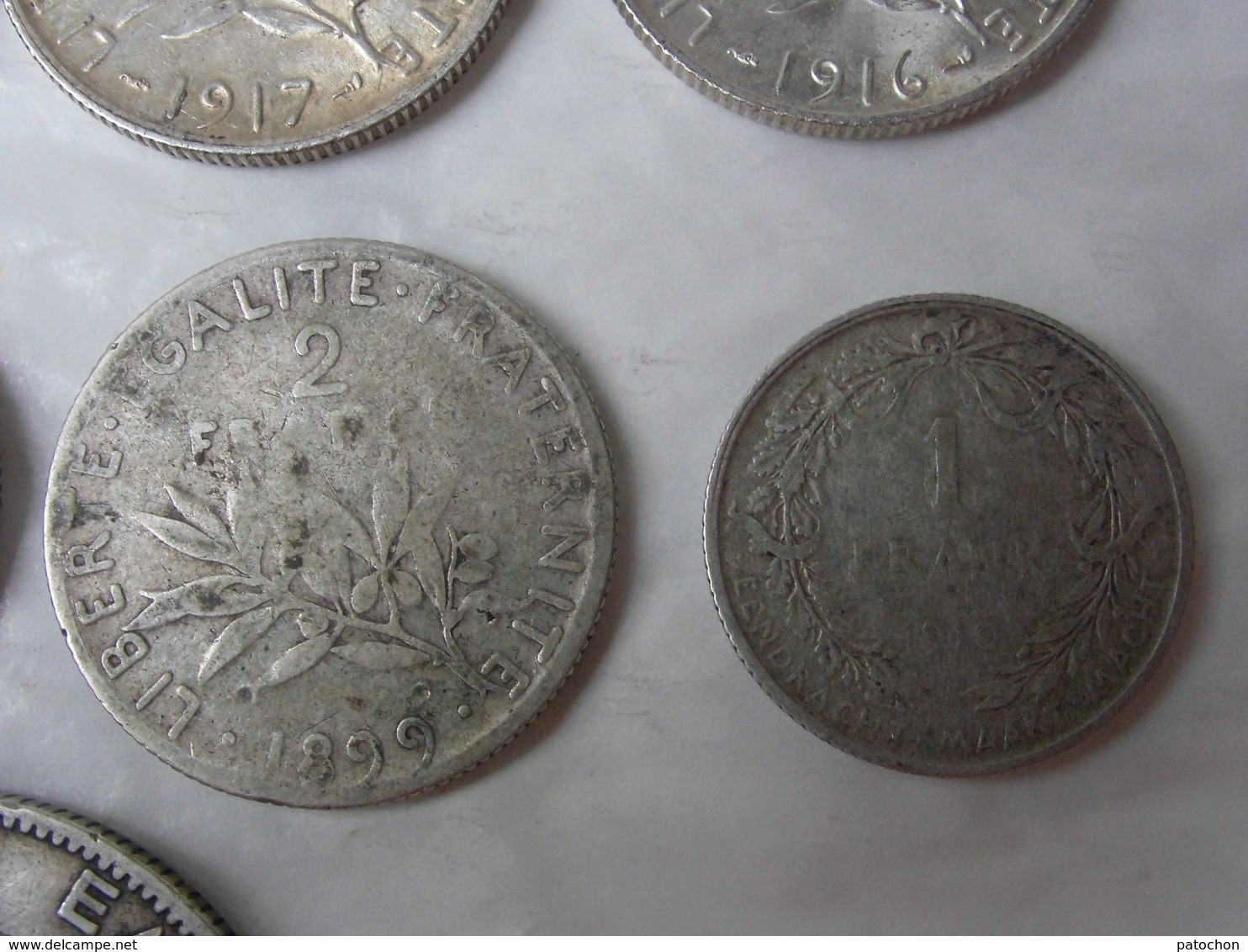 5 Apaxmai 1876 - 2 francs Ceres 1871 et Semeuse 1899 1915/16/17 - 1 frank 1910 et 1 franc 1908/15/17 non nettoyées