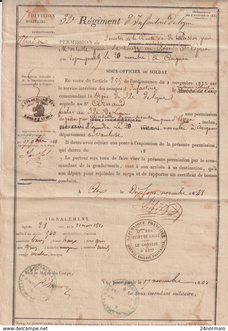 Bouches Du Rhône , Aix - Permission "de S'écarter De La Route" 1848 - Documents Historiques