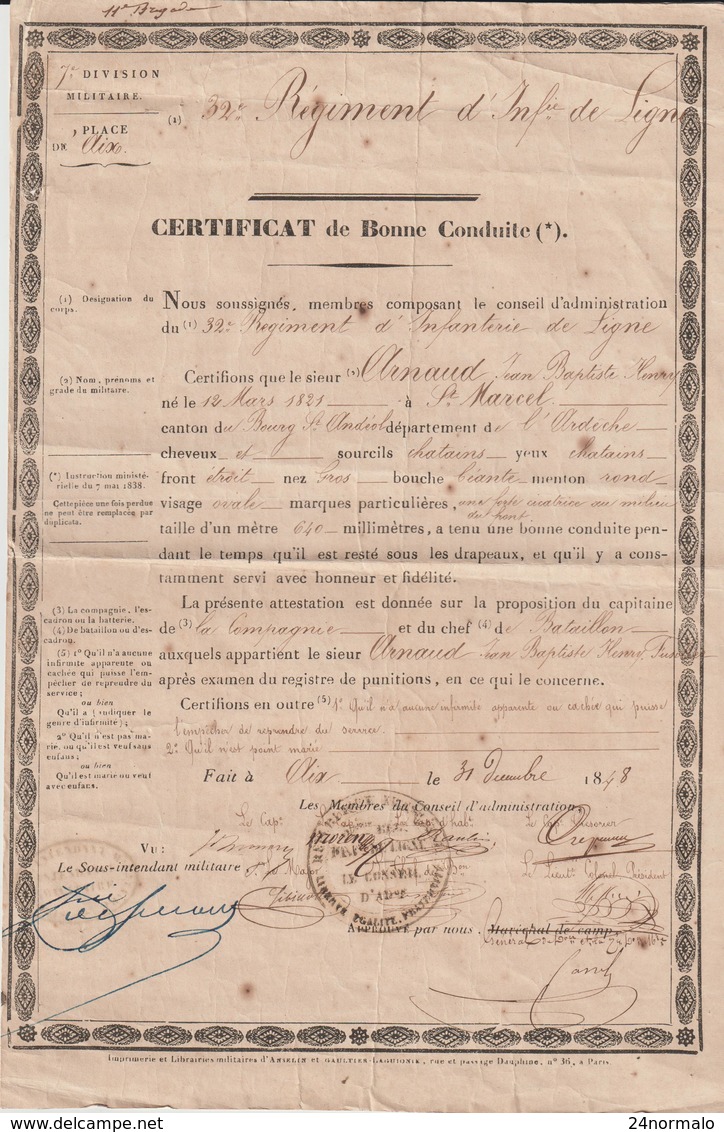 Bouches Du Rhône , Ardèche, Certificat De Bonne Conduite 1848 - Documents Historiques